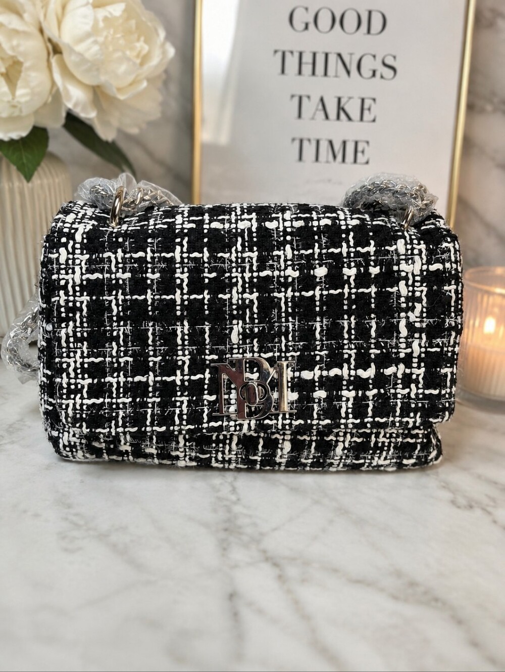 Badgley Mischka Tweed Chain Bag NWT Black White Shoulder Purse
